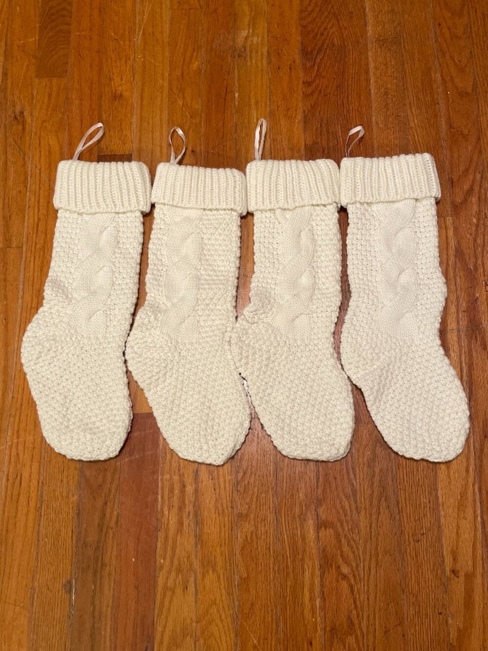 Christmas Knit Stockings Cream Color Ribbed Cuff and Hanging Loop Set of 4